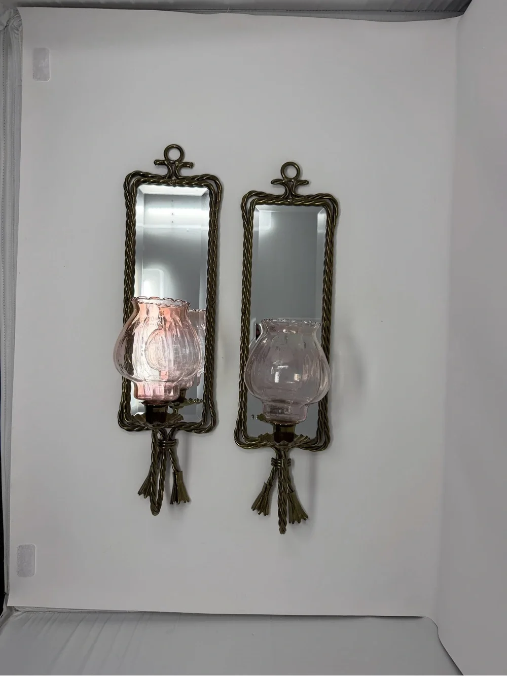 VTG Hollywood Regency Mirrored Wall Sconce Candle Holders Rope Tassels Set of 2